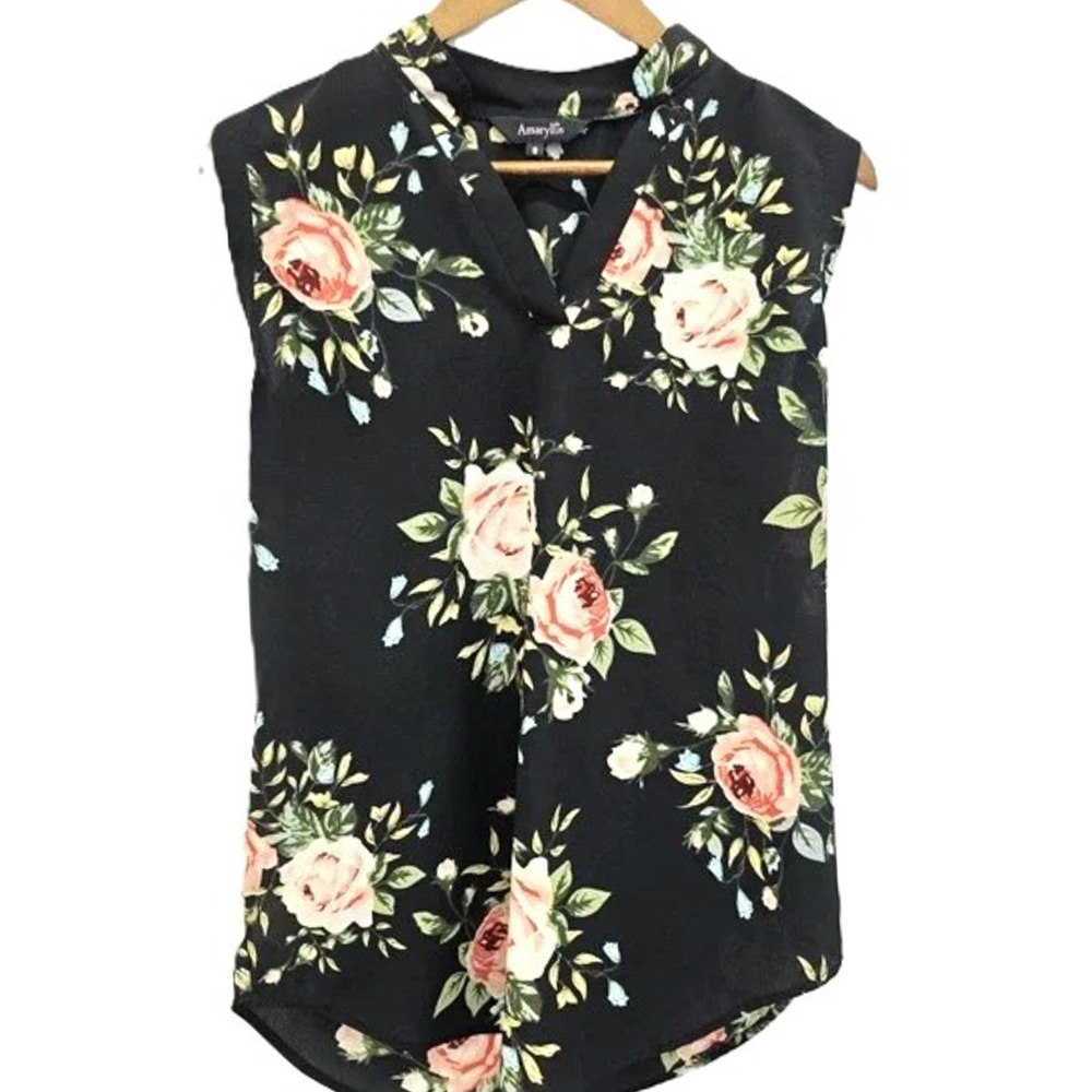 Amaryllis Womens S Black‎ Floral Sleeveless Blouse Soft V-Neck Romantic Everyday